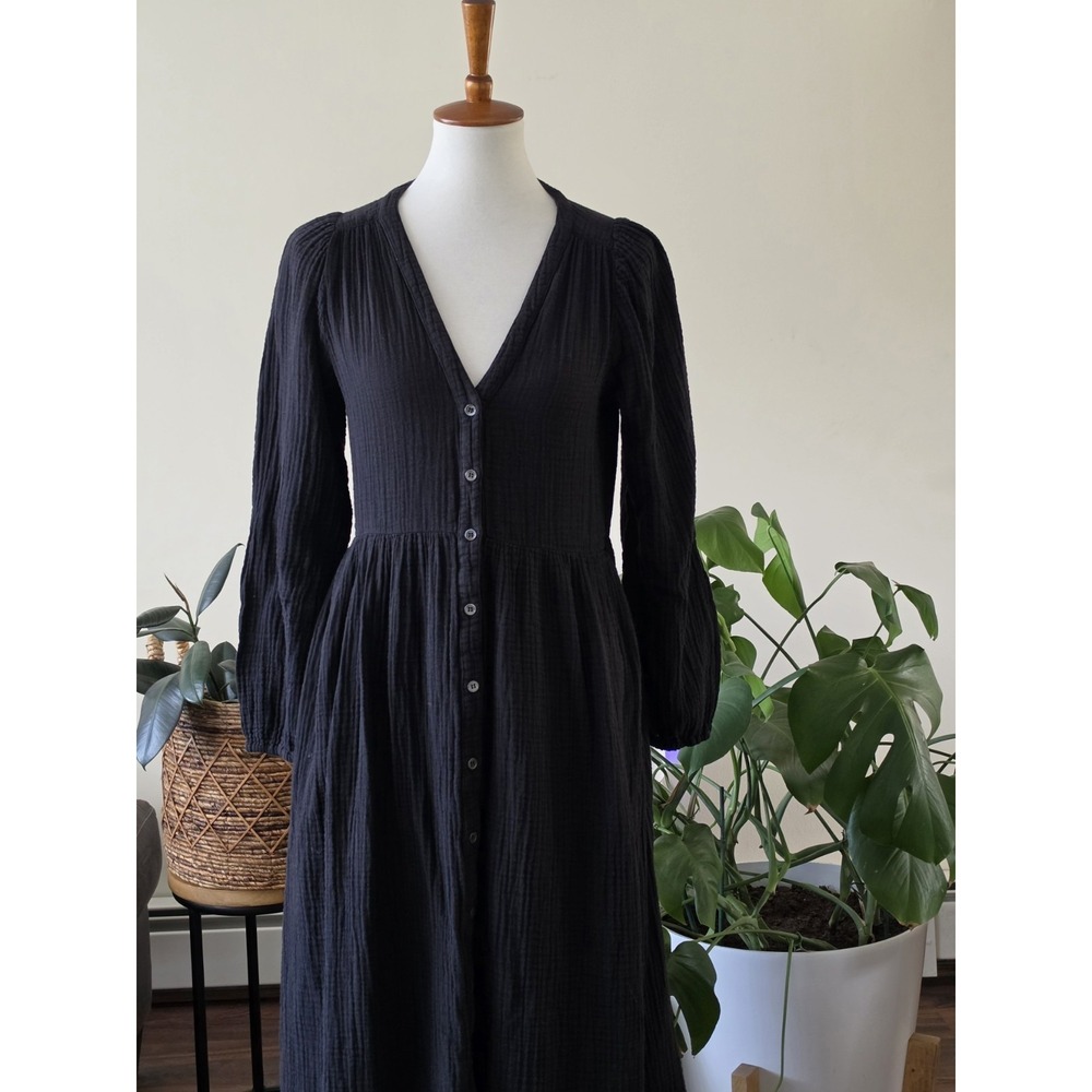 XIRENA Black Cotton GAUZE Button Frontโ MIDI Maxi Dress BOHO EMPIRE WAIST Medium - Picture 4 of 15